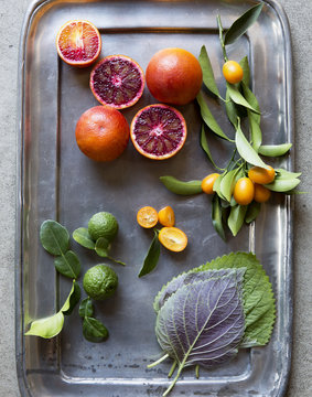 Still life with blood orange, kumquat, kefir lime and shiso leaves