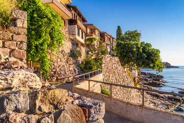 Obraz premium Seaside landscape - view on seafront in the town of Sozopol on the Black Sea coast in Bulgaria