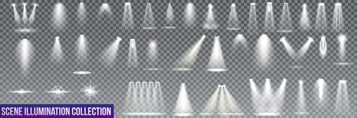 Big collection scene illumination on transparent background. stage illuminated spotlight. Vector illustration.