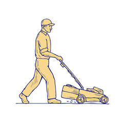 Gardener Mowing Lawnmower Drawing