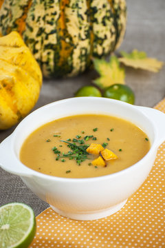 Vegetarian Jamaican pumpkin soup with lime and ginger..
