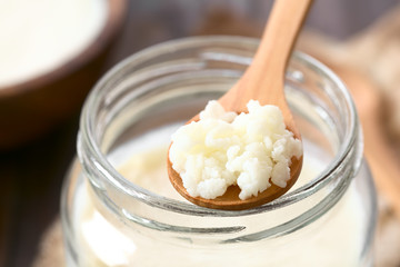 Milk kefir grains on wooden spoon on top of a jar of kefir, photographed with natural light (Selective Focus, Focus in the middle of the kefir grains) - obrazy, fototapety, plakaty