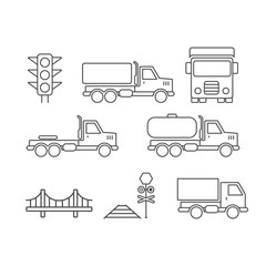 Commercial transport simple icons set with related elements. Ground transport. Vector illustration