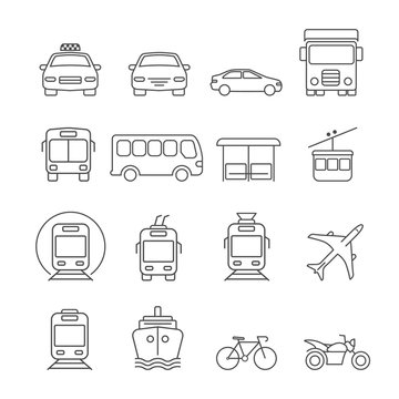 Public and commercial transport simple icons outline silhouette set