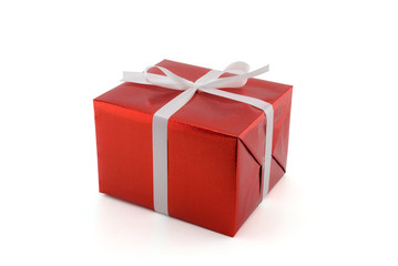 Red gift box white ribbon isolated on white background, using for christmas and new year or holiday other.
