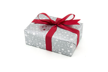 gray gift box red ribbon isolated on white background, using for christmas and new year or holiday other.
