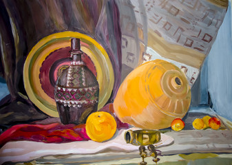 Still life. A painting depicting a still life, a vase, dishes, a