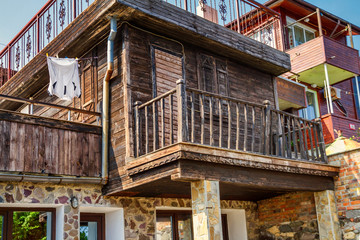 Fototapeta na wymiar City landscape - old streets and homes in balkan style, town of Sozopol on the Black Sea coast in Bulgaria