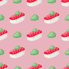 Sushi japanese cuisine traditional food flat healthy gourmet seamless pattern background asia meal culture roll vector illustration.
