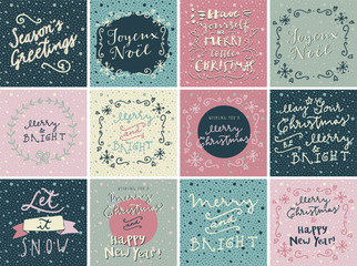 Set of Merry Christmas and Happy New Year hand drawn greeting cards in vector
