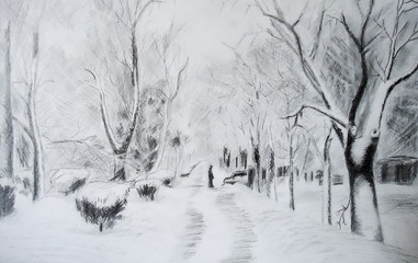 Winter landscape in the street in the park.