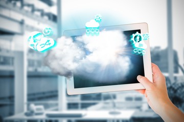 Composite image of masculine hand holding tablet