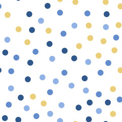 Colorful polka dots seamless pattern on white 24 background. Surprising classic colorful polka dots textile pattern. Seamless scattered confetti fall chaotic decor. Abstract vector illustration.