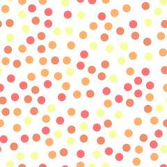 Colorful polka dots seamless pattern on white 21 background. Interesting classic colorful polka dots textile pattern. Seamless scattered confetti fall chaotic decor. Abstract vector illustration.