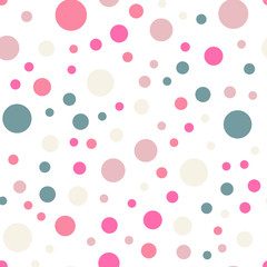 Colorful polka dots seamless pattern on white 8 background. Beautiful classic colorful polka dots textile pattern. Seamless scattered confetti fall chaotic decor. Abstract vector illustration.