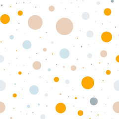 Colorful polka dots seamless pattern on white 7 background. Extraordinary classic colorful polka dots textile pattern. Seamless scattered confetti fall chaotic decor. Abstract vector illustration.