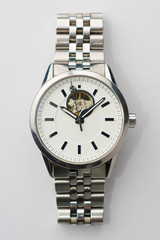 Classic Metal Watch on White Background Top View