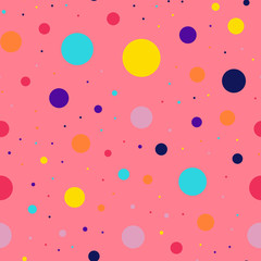 Memphis style polka dots seamless pattern on coral background. Beauteous modern memphis polka dots creative pattern. Bright scattered confetti fall chaotic decor. Vector illustration.