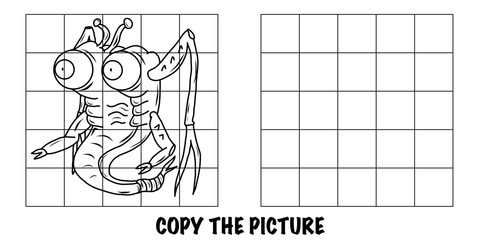 Copy the picture. Crazy alien monster. An educational, fun activity for children to help improve their drawing skills.