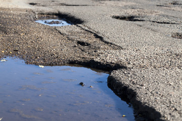 Drops of rain water on a fresh asphalt in the sun.