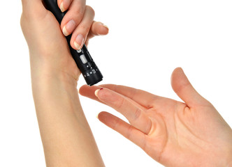 Diabetes diabetic concept finger prick for glucose sugar measure level blood test