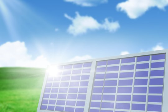 Composite image of solar panel against landscape