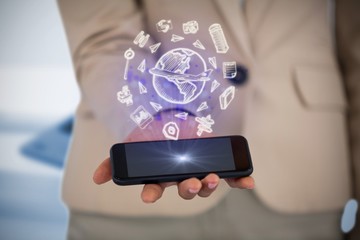 Composite image of midsection of businesswoman holding smart
