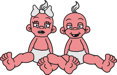 paar 2 freunde geschwister bruder schwester zwillinge girl mädchen frau weiblich hübsch schön glücklich sitzend klein süß niedlich windel kind baby comic cartoon