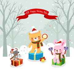 Fototapeta premium Winter forest with Christmas animal music concert. Merry Christmas greeting card