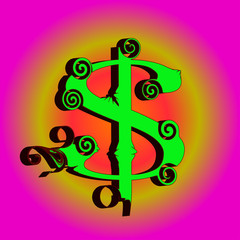 An organic 3d dollar sign against a gradient colorful background.