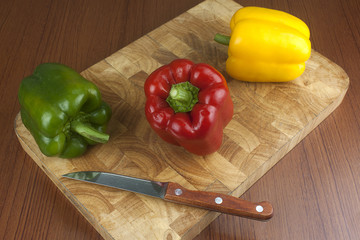 Bell pepper Red yellow and green fresh delicious on Chopping board