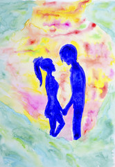Obraz na płótnie Canvas Blue silhouette guy and girl who look at each other. Lovers view