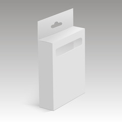 White mock up product package box with plastic window for pencils, pens. Vector