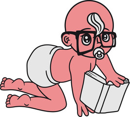 nerd geek bücher buch hornbrille schlau intelligent lesen krabbeln schnuller laufen boden klein süß niedlich windel kind baby comic cartoon