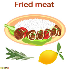 The kebab and garnish. Grilled meat and white rice side dish. Roasted meat with steamed rice. Fry kebab, rice, green vegetables and tomatoes. Vector illustration isolated on white backgroun