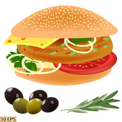 Cheeseburger isolated on white background. Burger. Sandwich. Cutlet in the bun. Fried steak. Sandwich with green vegetables, cheese, tomato and meat rissole. Vector illustration.