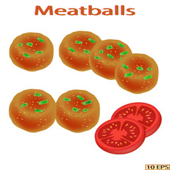 Fried cutlet. Meatballs, onion and lettuce. Meat rissoles. Green vegetables, tomato and meat rissole.  Vector illustration.