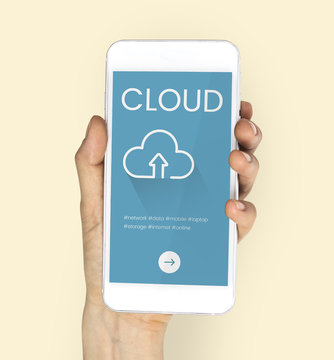 Woman holding a phone with a cloud dymbol