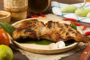 charcoal-boiled pork neck,Grill pork On wooden plate and sauce
