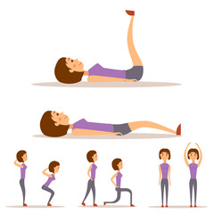 Young woman is exercising at home fitness character workout healthy living and diet concept vector illustration.