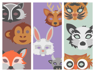 Set of cartoon animals party masks vector holiday illustration party fun masquerade festival decoration.