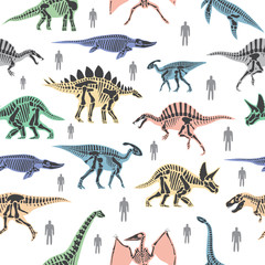 Fototapeta na wymiar Dnosaurs seletons silhouettes bone animal and jurassic monster predator dino vector flat seamless pattern background