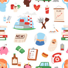 Stress cartoon woman girl character vector illustration seamless pattern background