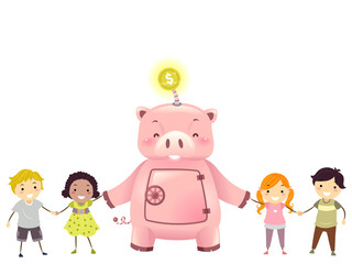 Stickman Kids Robot Piggy Bank Illustration
