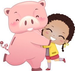 Kid Girl Piggy Bank Hug Illustration