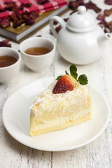 Fresh butter and strawberry cakes served with hot tea. Makes you feel refreshed In the afternoon bakery
