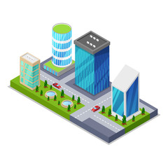 Modern city district isometric 3D icon. Skyscrapers, apartment, office, houses and streets objects. Low poly buildings vector illustration.
