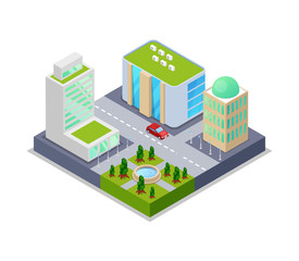 Urban real estate isometric 3D icon. Skyscrapers, apartment, office, houses and streets objects. Low poly buildings vector illustration.