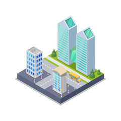 Modern town district isometric 3D icon. Skyscrapers, apartment, office, houses and streets objects. Low poly buildings vector illustration.