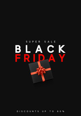 Black Friday sale, banner, poster advert. Card offert promotion design. Background black gift box with red bow.